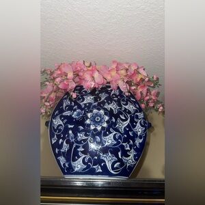 Blue and White Floral Ceramic Dish with Pink Flowers